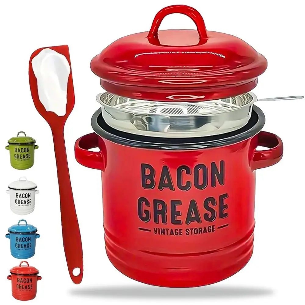 

Подарки, большой контейнер для смазки с беконом, 46 унций, эмаль с ситечком, экономия жира в беконе, ловушка для приготовления пищи, кухонная банка для хранения масла