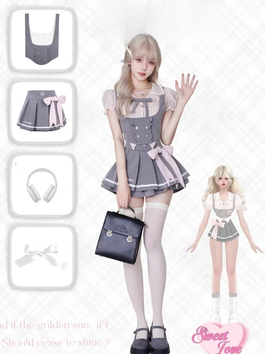 Zomer College Sle Set Roze Gestreept irt ey Vest Plooirok volwassen Seizoen Tee Delige Set Dames Faion Student...