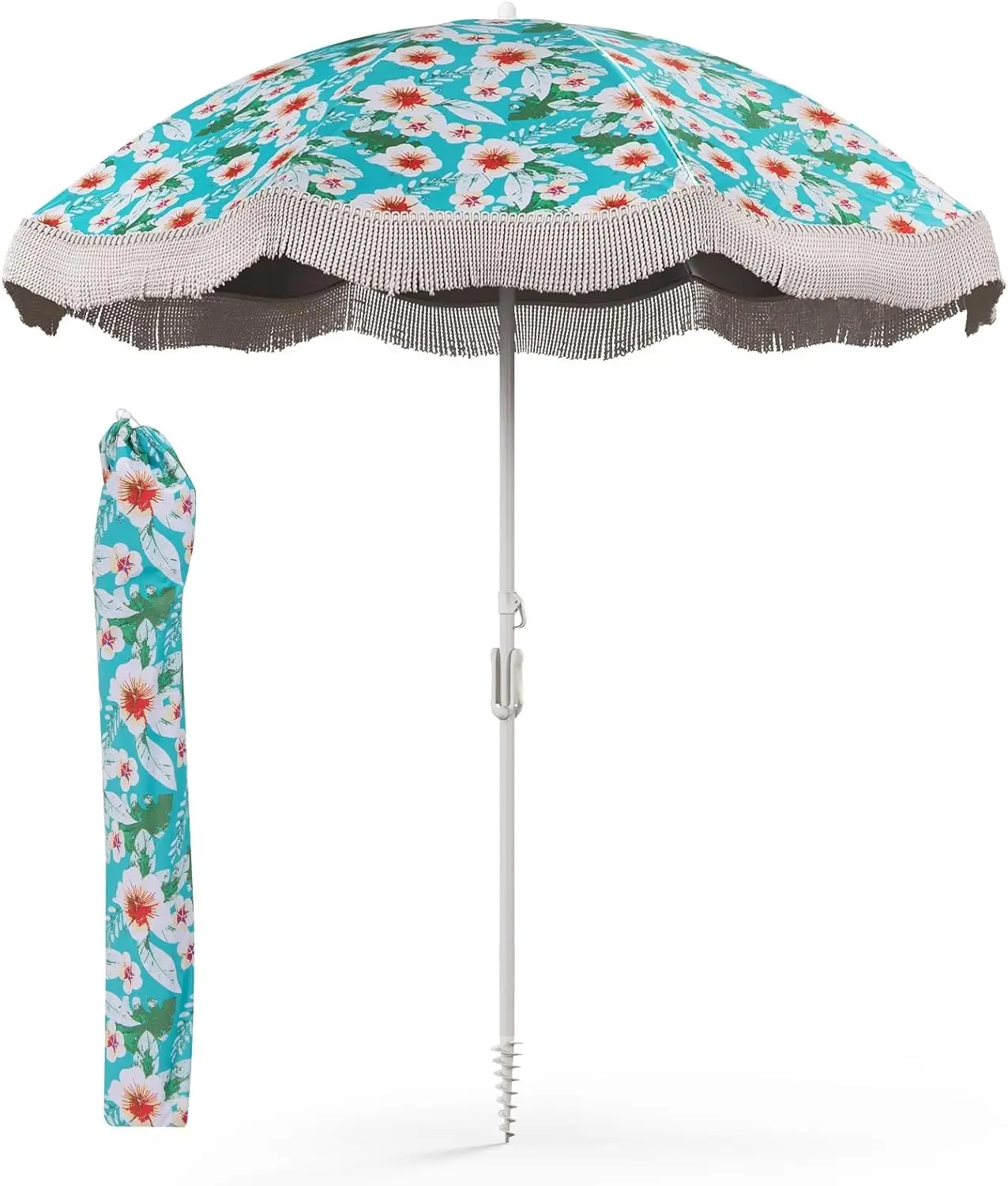 

Зонт для улицы 6,5 футов с бахромой, защита от УФ 50+, в стиле бохо, с пескозащитным креплением, наклонной крышей и 8 спицами, портативный пляжный зонт