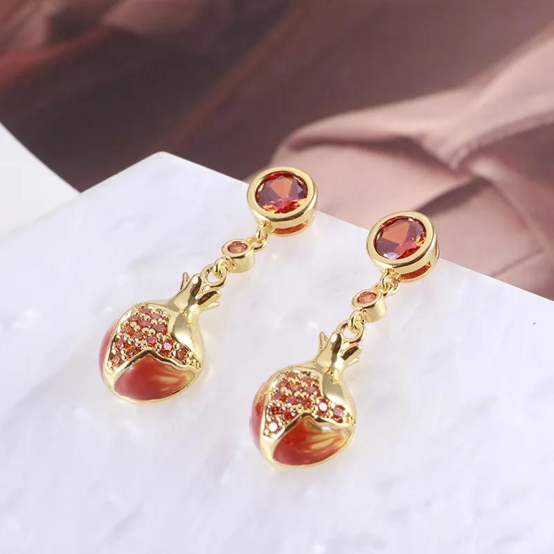 Fashion Niche Design Zircon Inset Copper Alloy Gold Plated Pomegranate Hand-painted Enamel Lovely Cute Sweet Fruit Shape Earring