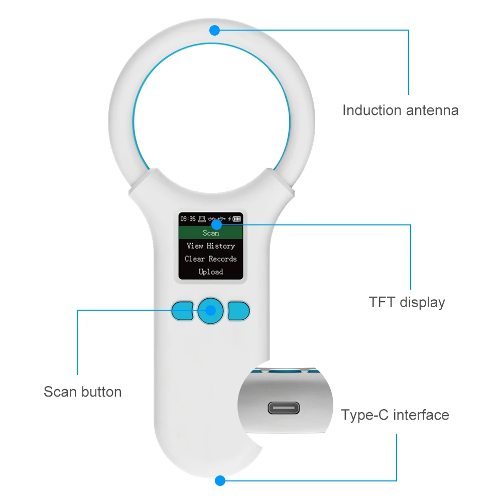 Animal Tag Reader Pet Microchip Scanner Portable RFID 134.2Khz/125Khz EMID USB 500 Datas Storage Capacity Pet Microchip Reader