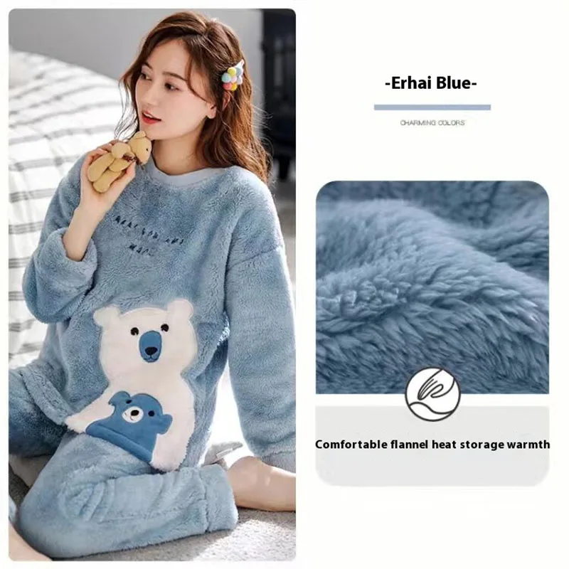 Thickened Warm Flannel Autumn Winter Plus Size Pajamas 2xl Long-Sleeved Suit Blue Cartoon Bear Homewear School Loungewear