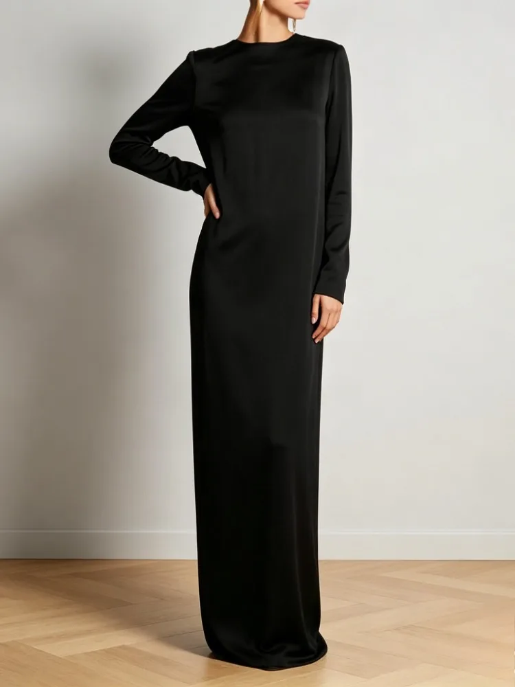 

Modigirl Casual Maxi Dresses for Women 2025 Autumn Round-neck Long Sleeves with Pocket Simple Office Long Dresses Outfits Women