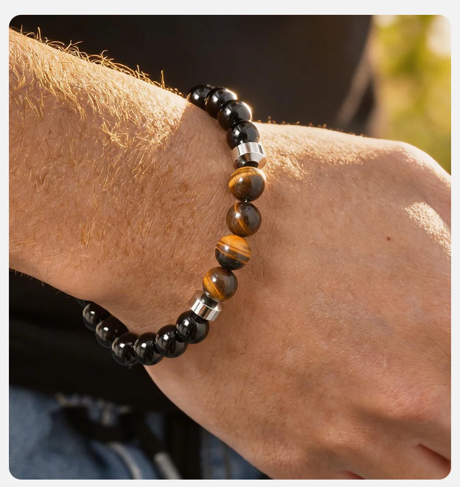 Vnox Tigerauge-Stein Perlenarmband für Männer, Edelstahl-Abstandhalter 8mm Perlen Verstellbares 19-22cm Armband Trendiger Schmuck Geschenk – Detail 2