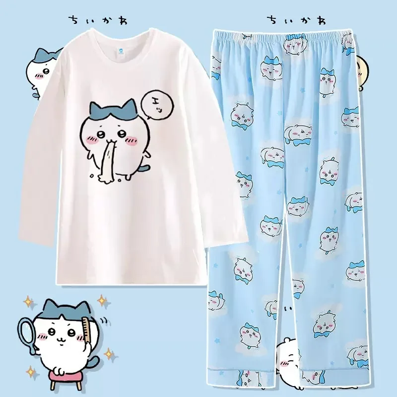 Anime Usag Hachiware Summer Thin Pajamas Round Neck Loose Long-Sleeved Shirt and Pants Cute Cartoon Pattern Household Clothes