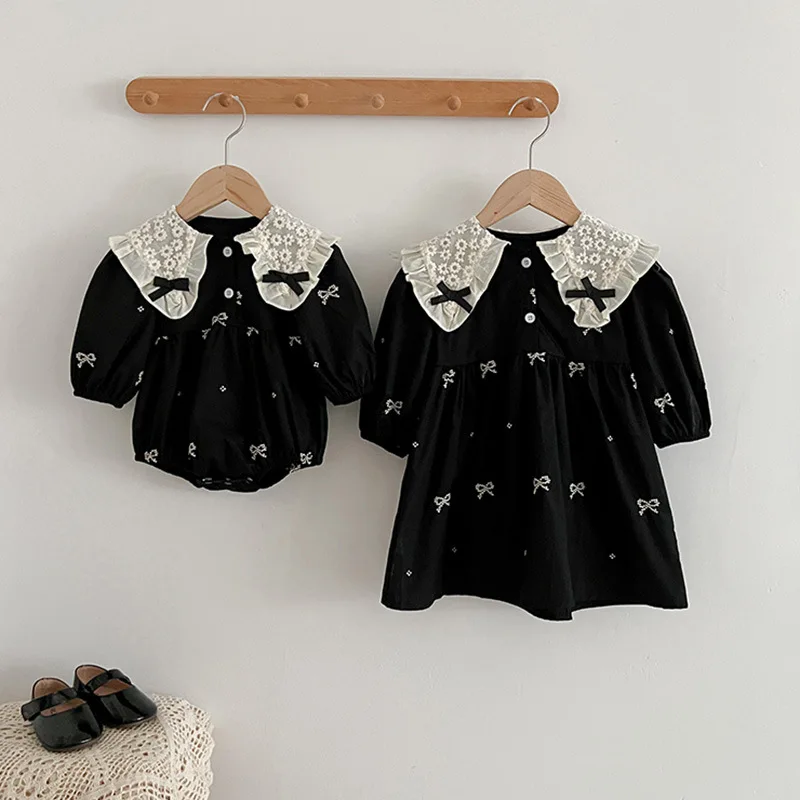 

Autumn Korean Style Girls Matching Sister Dresses Long Sleeve Bow Collar Embroidery Princess Dress + Romper for Baby Toddler