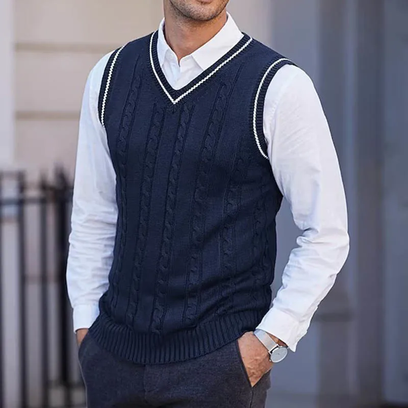 

Men's Striped Retro V-Neck Knitted Sweater Vest Sleeveless Thickened Warm Base Shirt Streetwear Casual Tank Tops