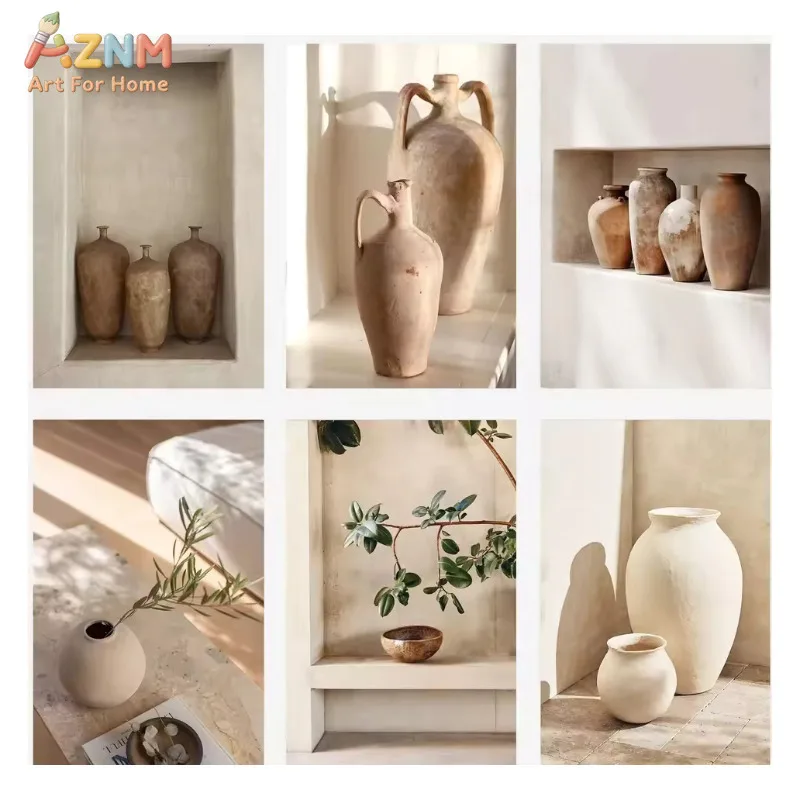 AZNM Neutral Beige Wabi Sabi Canvas Wall Art Clay Ceramic Vase Eucalyptus Plant Still Life Print Unframed Canvas Minimalist Livi