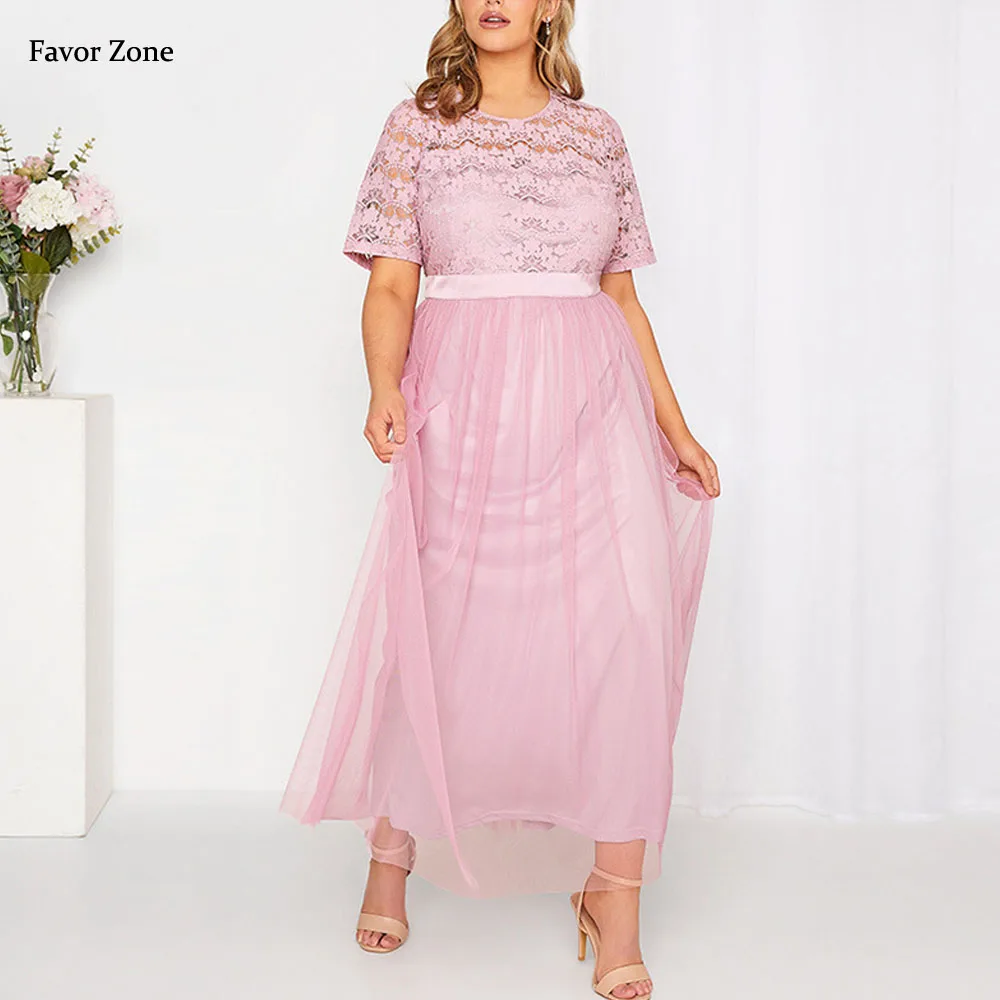 

Pink Plus Size Sweet Long Dresses For Women 2023 Sexy Lace Mesh Patechwork Elegant Party Dresses Casual Loose High Waist Dress