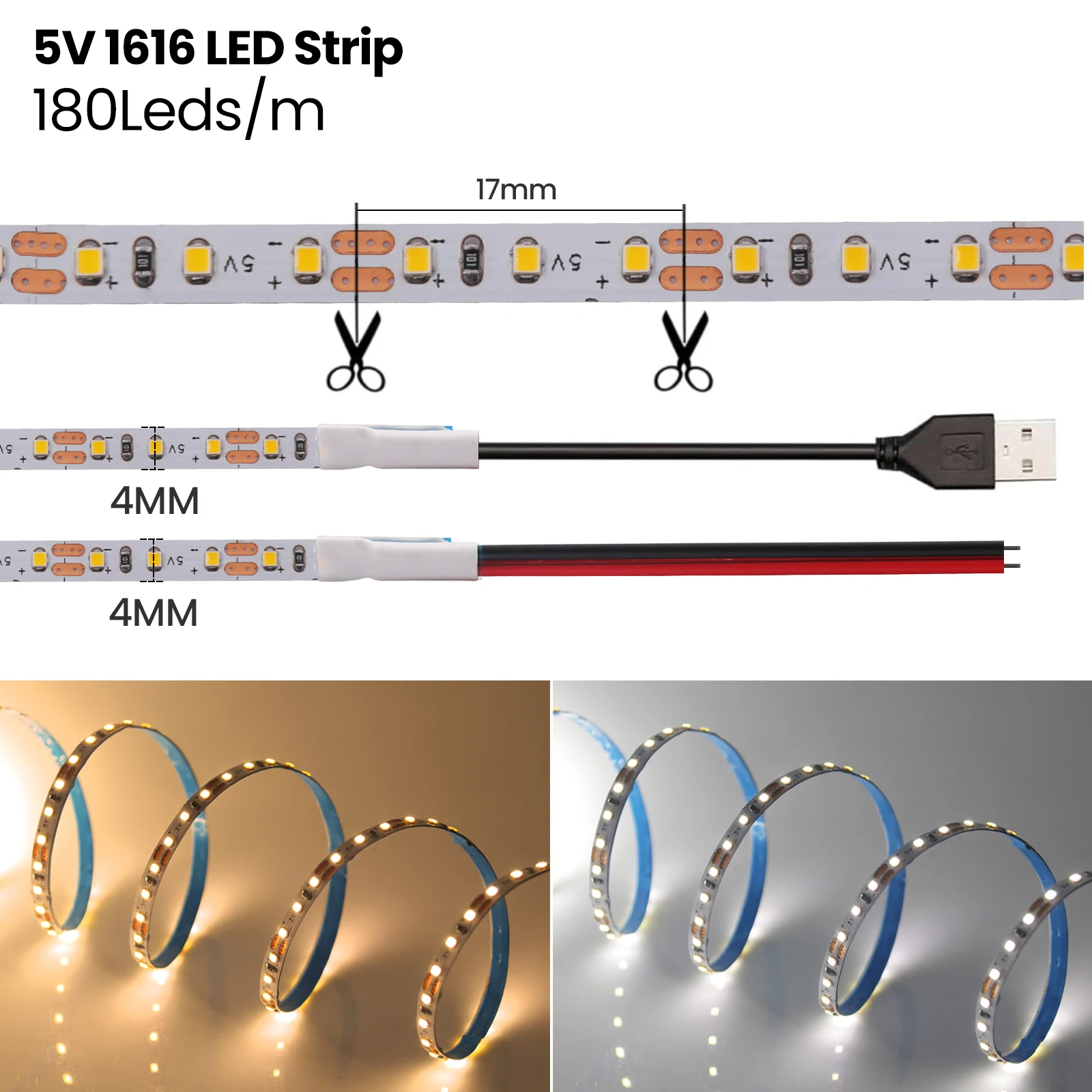 

DC 5V LED Strip 4mm Width SMD1616 180LEDs/m Super Bright 3 LED Per Cut Flexible Tape IP20 No Waterproof Warm/Cool White 1M 2M 5M