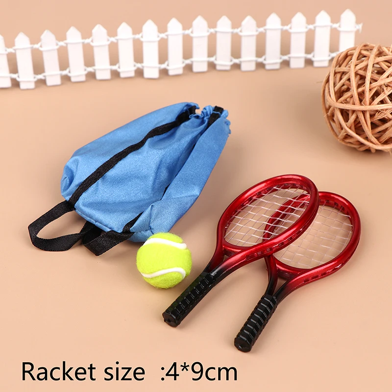 4pcs/set 1:12 Dollhouse Mini Tennis Racket Set Simulation Sports Toy For Dolls Decoration Accessories