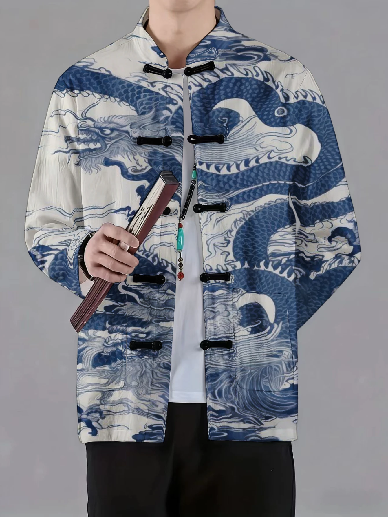 Men Mandarin Collar Frog Button Jacket Dragon Nature Art Print Traditional Outerwear
