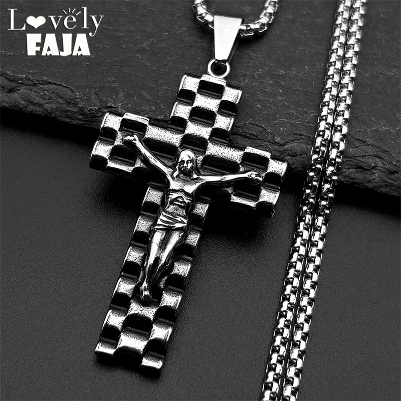 النمط الصناعي يسوع الصليب الدين قلادة قلادة للنساء الرجال الفولاذ المقاوم للصدأ الفضة اللون الشرير الذكور سلسلة تميمة المجوهرات #1