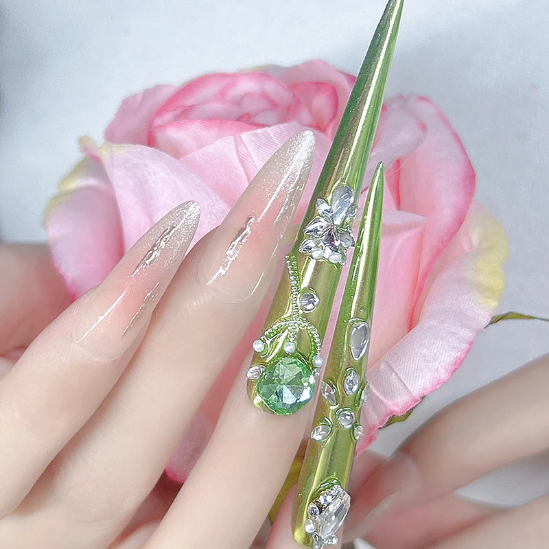 14 Piece（4 long+10 short ）Handmade Emerald Gem Littini Nail Set Shiny Luxe for Occasions (Better Than) Popular Kits