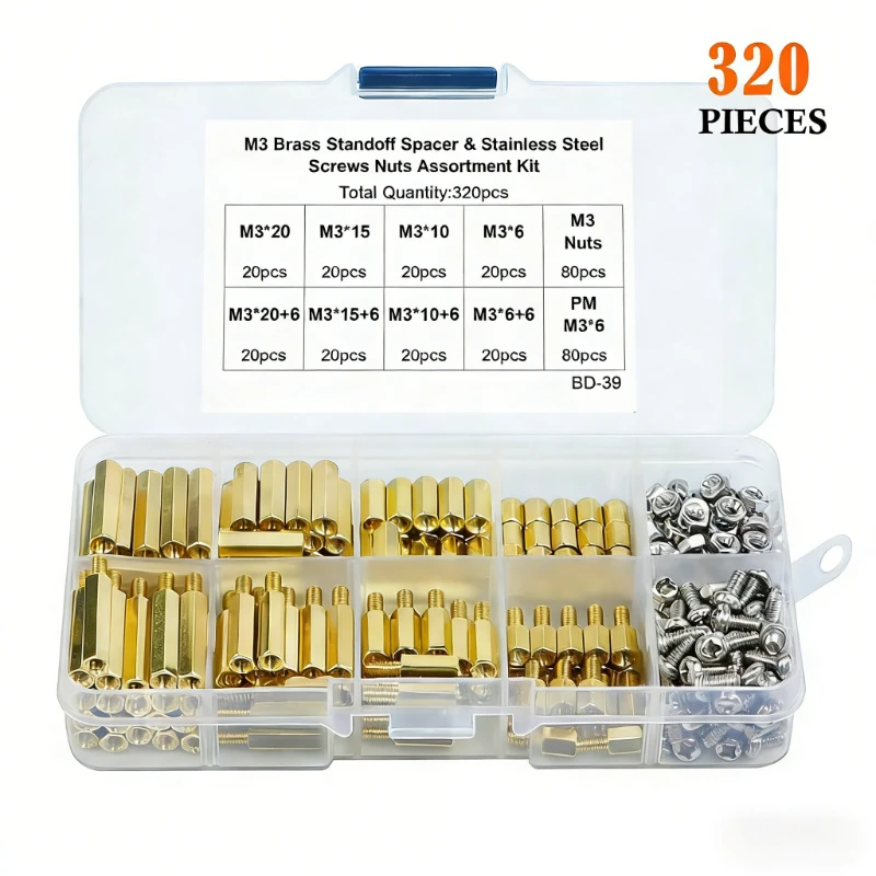 320Pcs M3 single-pass double-pass copper column isolation column box with nut and screw combination set