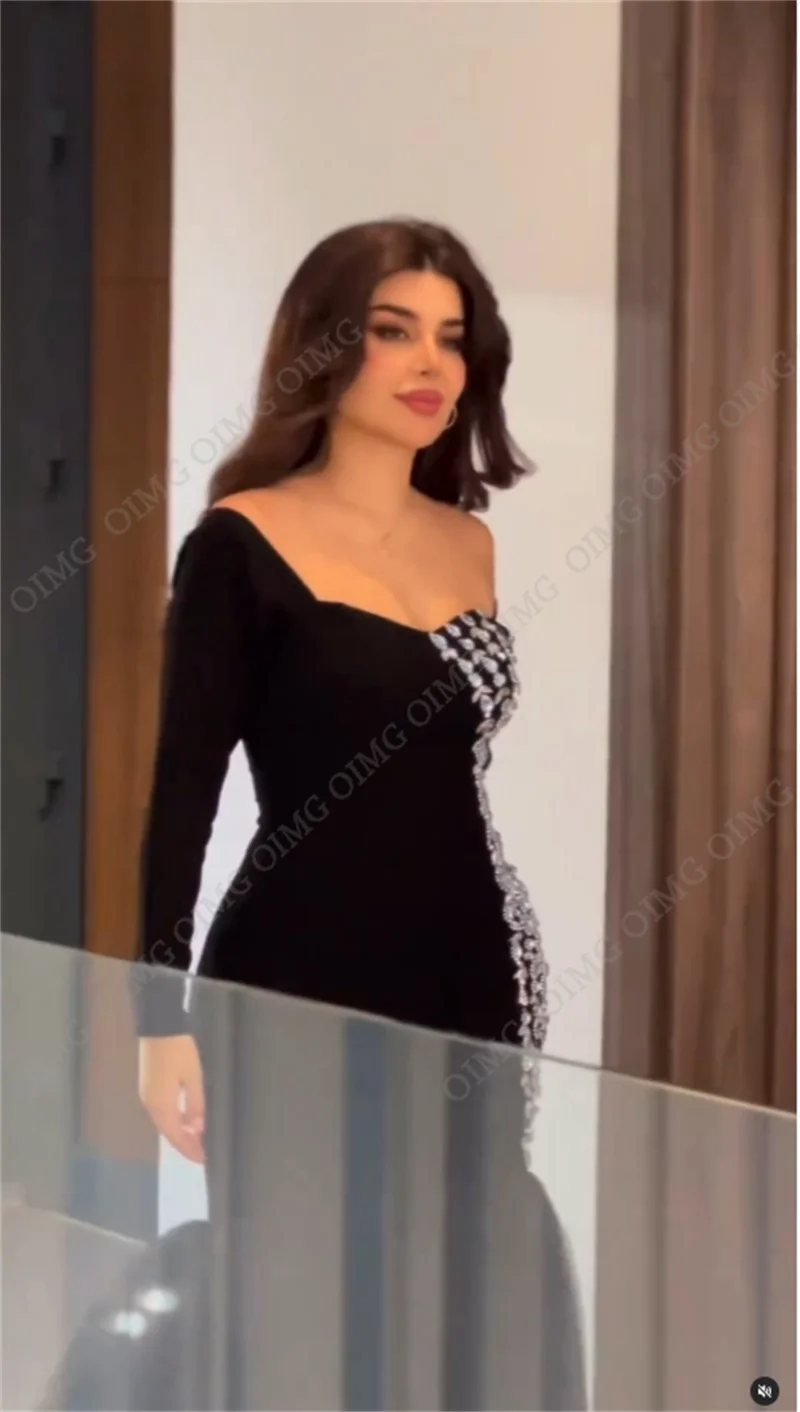 Black Mermaid Evening Dresses Off Shoulder Mono Satin Arabia Dubai Shiny Sequins Formal Prom Dress Floor Length Party Gowns