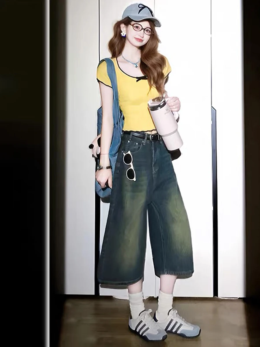 

High Waist Wide Leg Short Jeans Women's Summer Loose Fit Slimming High Waist Straight Cut American Style Denim Shorts