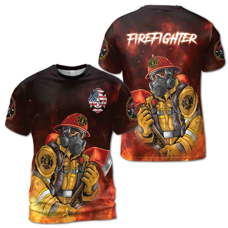 Firefighter Fun Print T-shirt For Men Humour Role Playing Hip Hop Street Loose T Shirts 2025 Summer Sport Casual Round Neck Tee