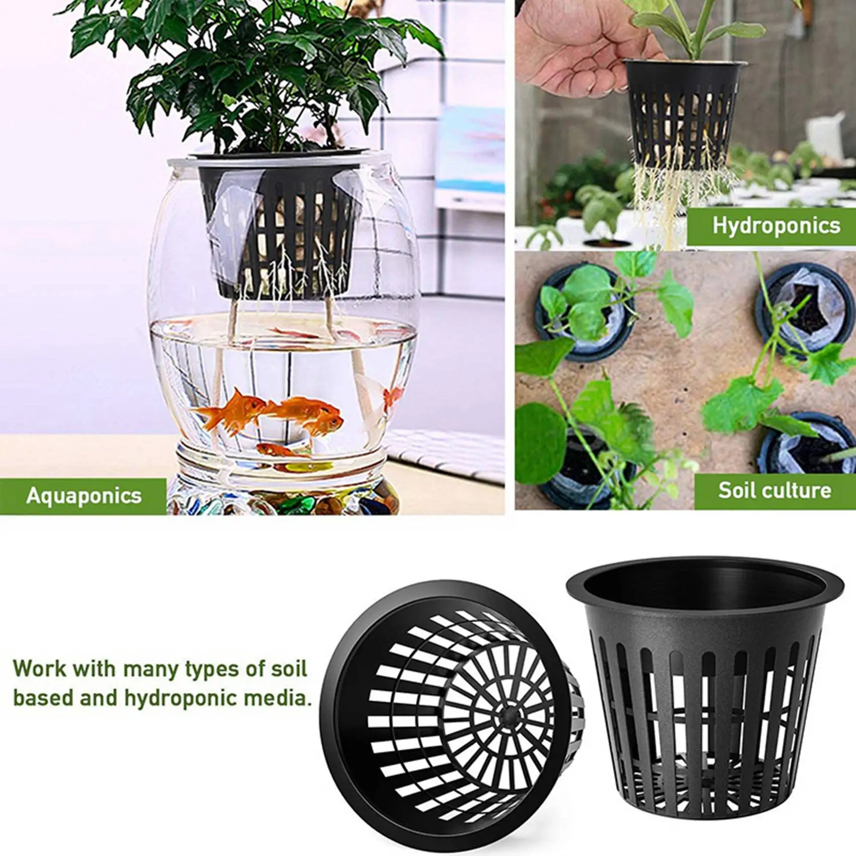 ABCA-3 Inch Net Cup Hydroponic Tank, 100Pack Hydroponic Planting Basket, Used For Hydroponics, Slotted Mesh, Black And White