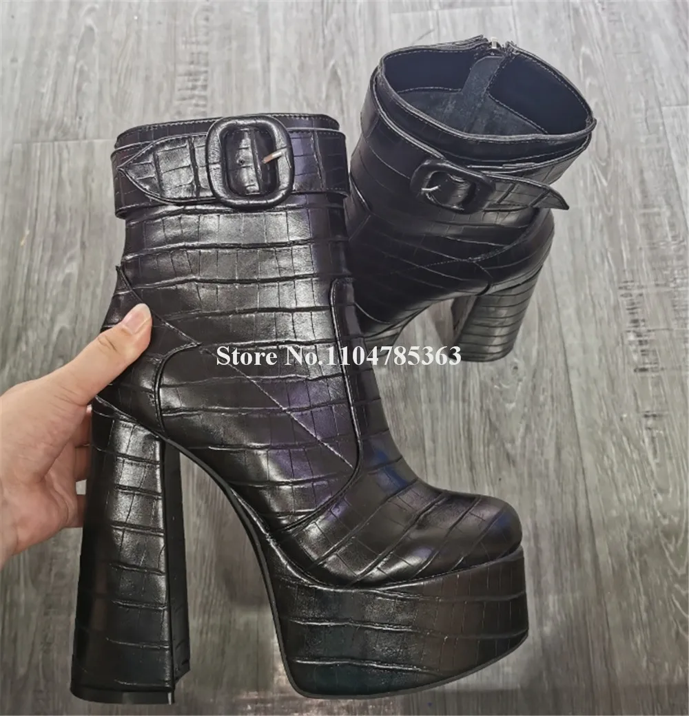 

Fashion Pattern Leather Black Silver Chunky Heel Short Boots Sexy Round Toe Snakeskin High Platform Thick Heel Ankle Booties