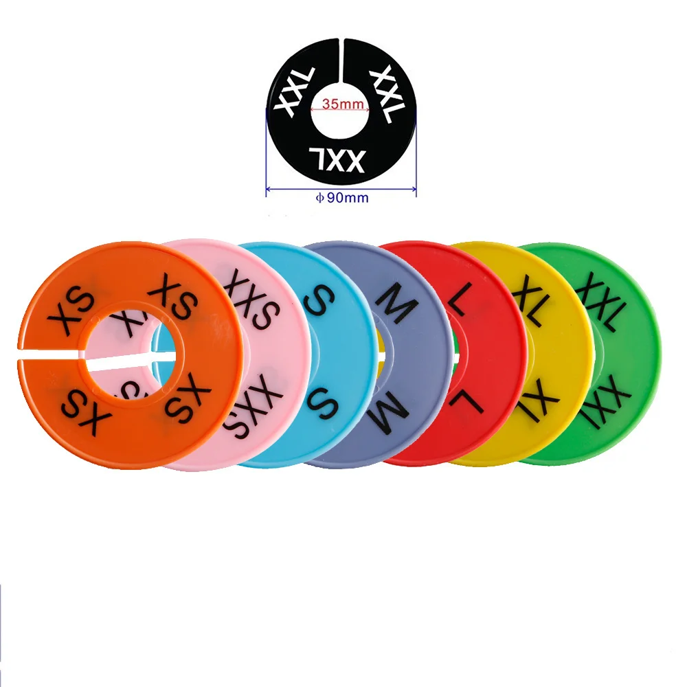 Round Colorful Plastic Clothing Size Closet Rack Divider Hanger, Assorted Colors, Preprinted In Size XS, S, M, L, XL, XXL, Blank