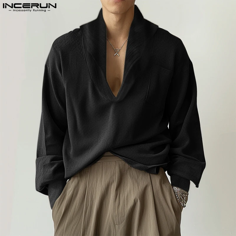 Handsome Well Fitting Tops INCERUN Men's Loose V-neck Design Shirts Casual Streetwear Male Solid Long Sleeved Blouse S-5XL 2024