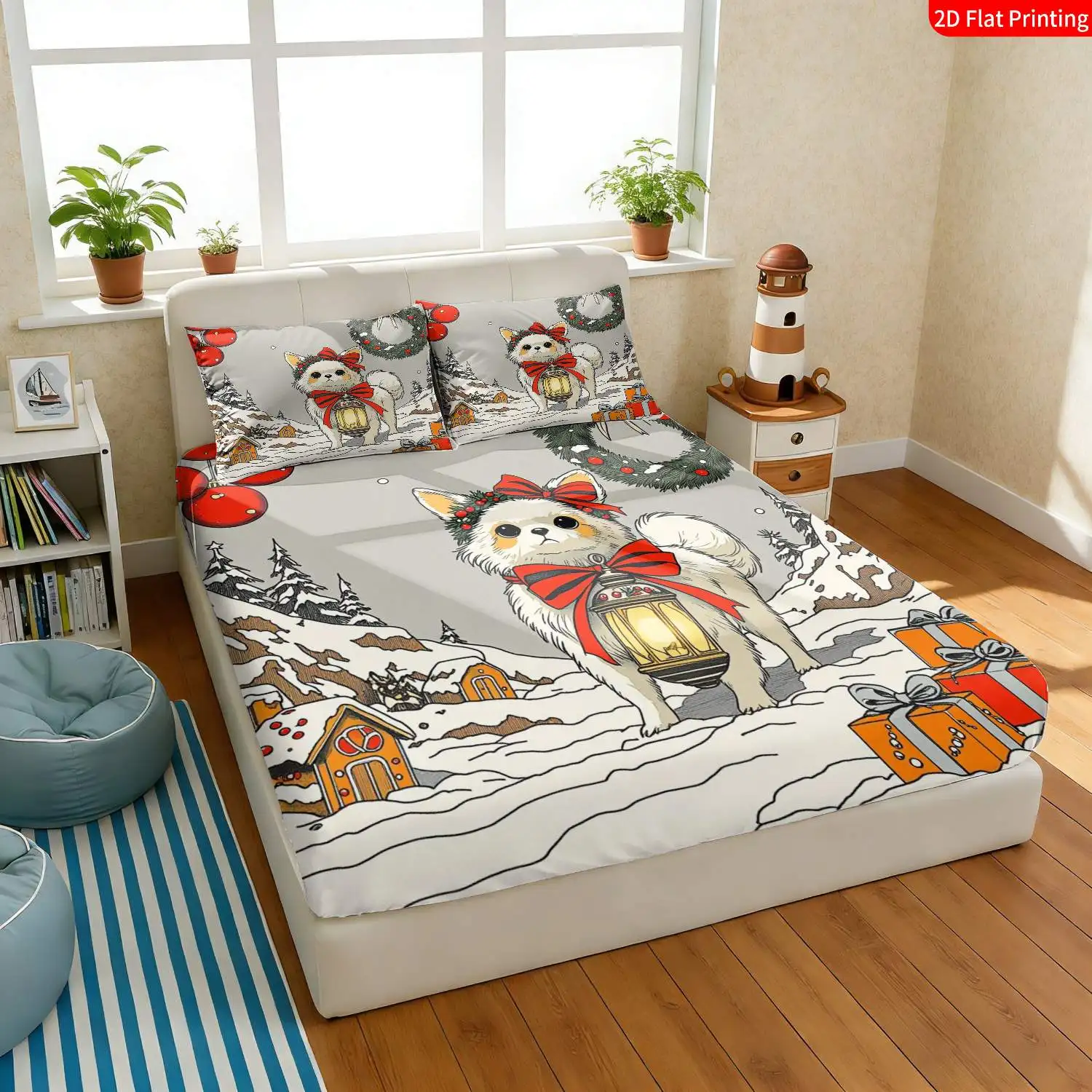 Christmas 2D Digital Print Three-Piece Bedding Set (includes 1 fitted sheet + 2 pillowcases) Mattress Protector, Fitted Sheet Style with Elastic, Protective Cover, Mattress Protector, Fitted Sheet Style Bedding, Christmas-Themed Bedding, Red and White Color Scheme, Cute Chihuahua Wearing a Garland and Holding a Lantern