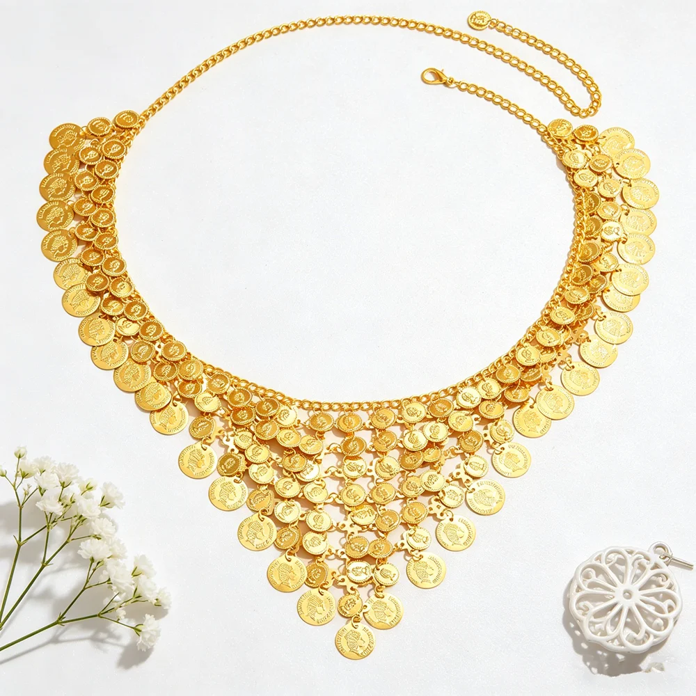 Fashion Women Coin Tassel Belly Waist Belt Adjustable Metal Chain With Embossed Coins For Boho Festival Arabian Party Costume