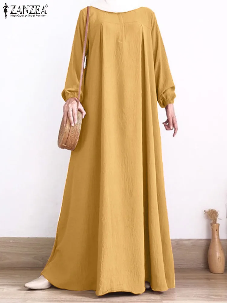 ZANZEA Women Turkey Muslim Dress Long Sleeve O-Neck Solid Color Maxi Robe Spring Fashion Party Sundress Eid Mubarek Vestidos