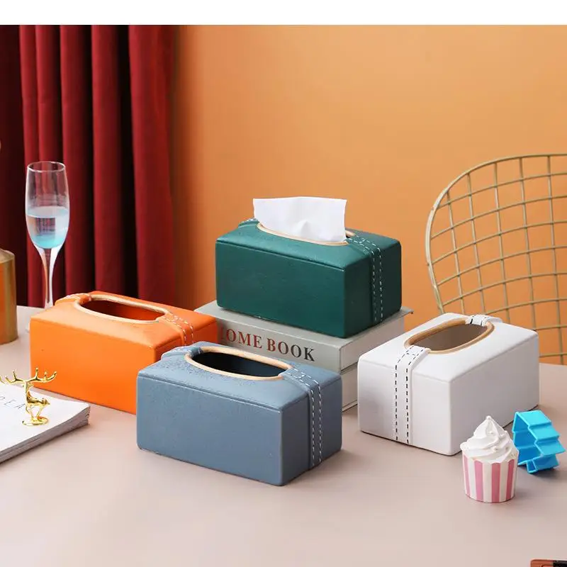 Square Rectangular Ceramic Tissue Box Imitation Leather Napkin Paper Towel Holder Home Storage