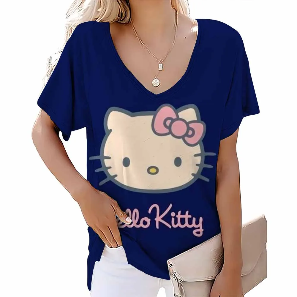 Cartoon T-shirt women's Hello Kitty printed short sleeved beautiful V-neck women's T-shirt casual summer top women's plus size c