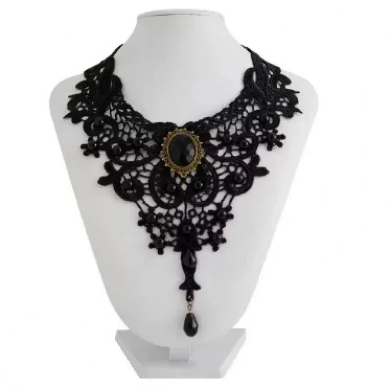 شخصية عصرية رائعة عتيقة الأحجار الكريمة الدانتيل الأسود حبة قلادة القوطية نمط ستيمبونك المجوهرات قلادة للنساء
