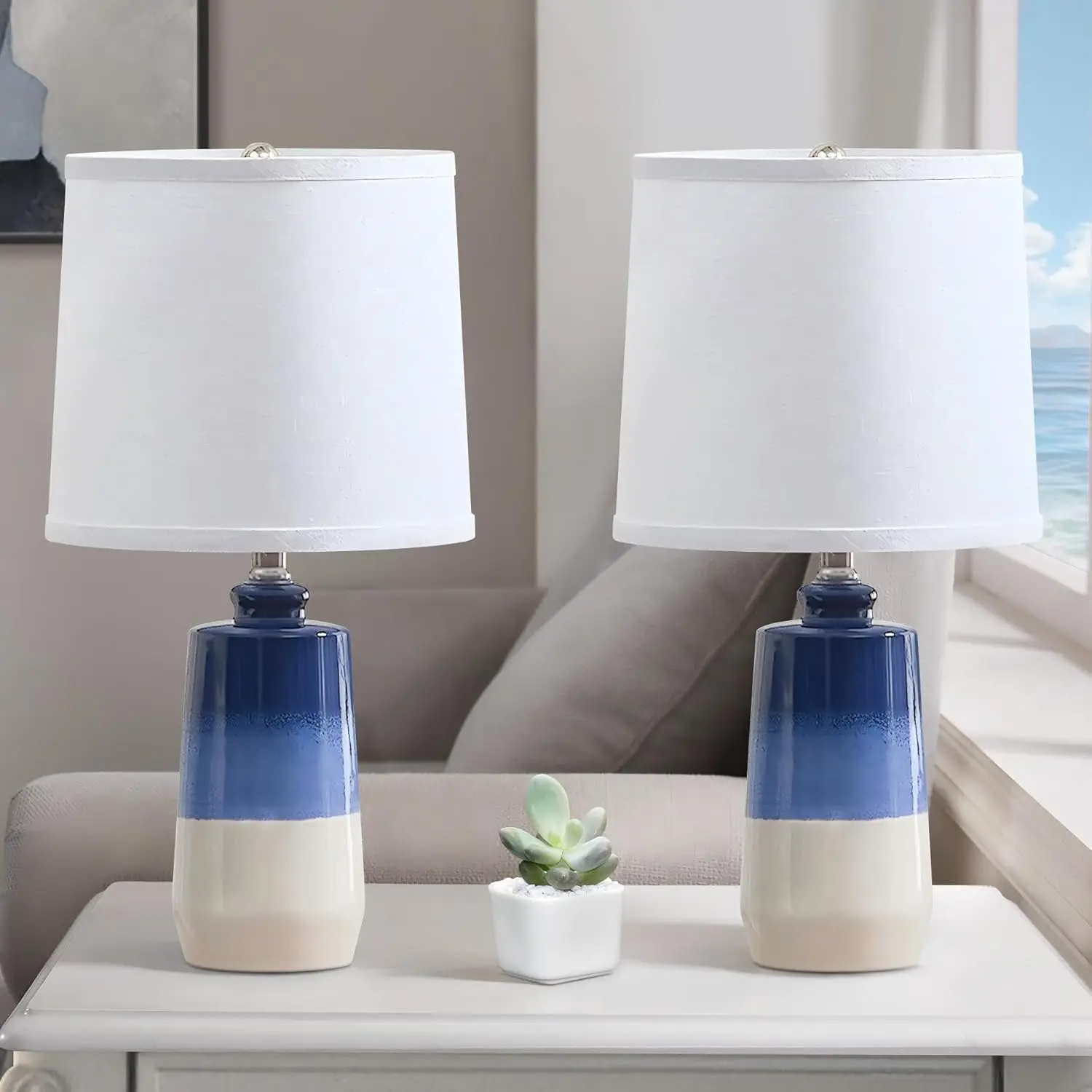 Ensemble de 2 lampes de Table en céramique bleue avec abat-jour en baril blanc pour table de chevet, salon, chambre à coucher, décor côtier