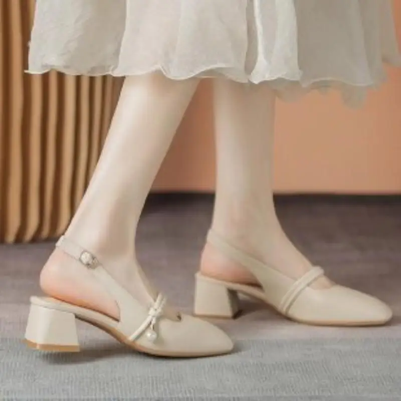2026 Summer New Women Sandals, French Style Pearl Strap Closed Toe Block Mid Heel Fairy Style Daily Casual Shoes view 5