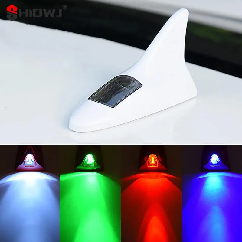 Universal LED Light Car Shark Fin Antenna With Solar Energy Auto Radio Signal Aerials Roof Antennas Driving Safety Warning Light