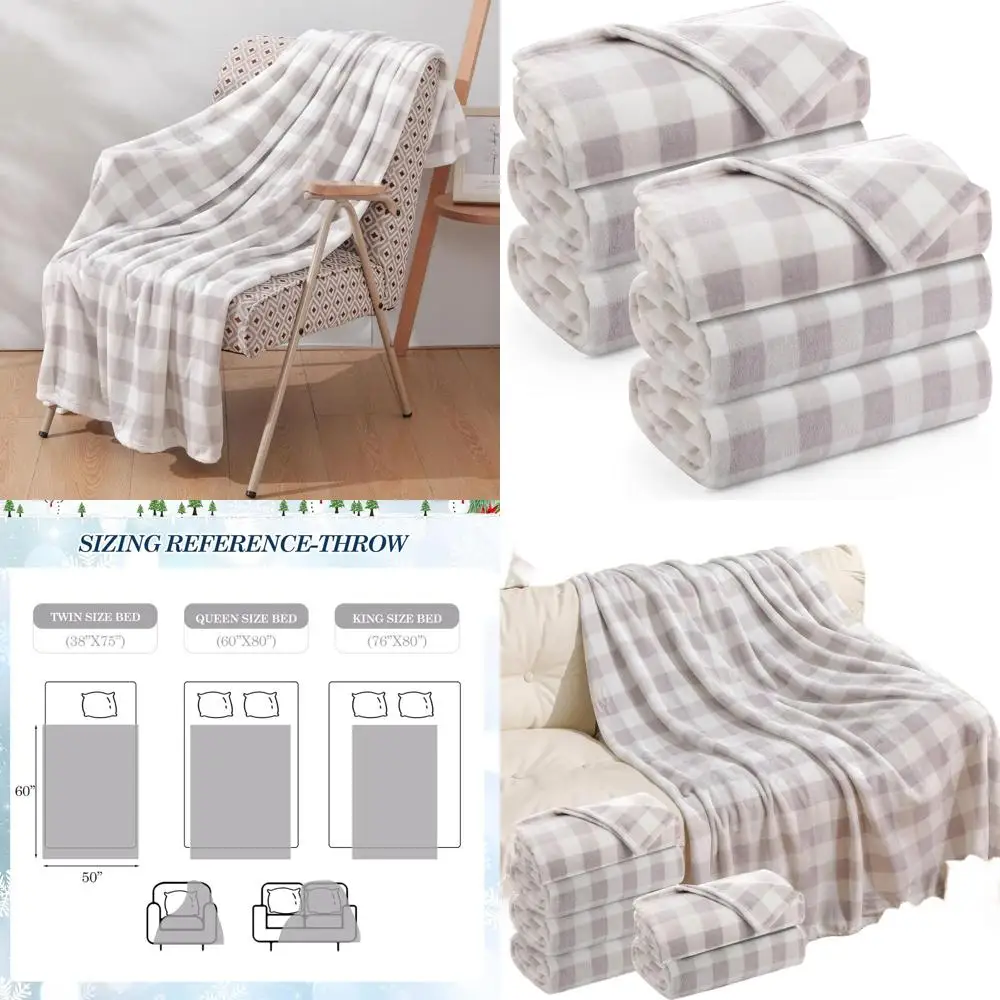 

Bulk 6-Pack Flannel Throw Blankets, 285 GSM Checkered Fleece, 50x60 Inches, Grey and White