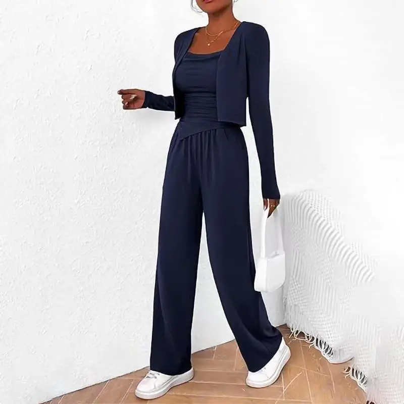 

Модный комплект из трех предметов, женская осенняя куртка с длинными рукавами, пальто + майка + брюки, наряд, повседневные простые спортивные женские комплекты, элегантный костюм