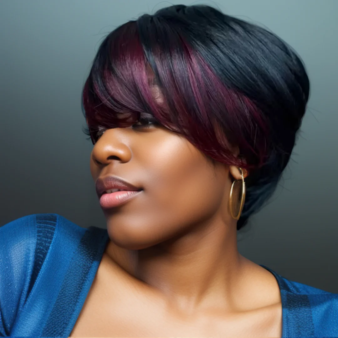 

Выделите фиолетовый смешанный черный прямой короткий стрижка пикси новый модный стиль Remy машинного производства парики для женщин