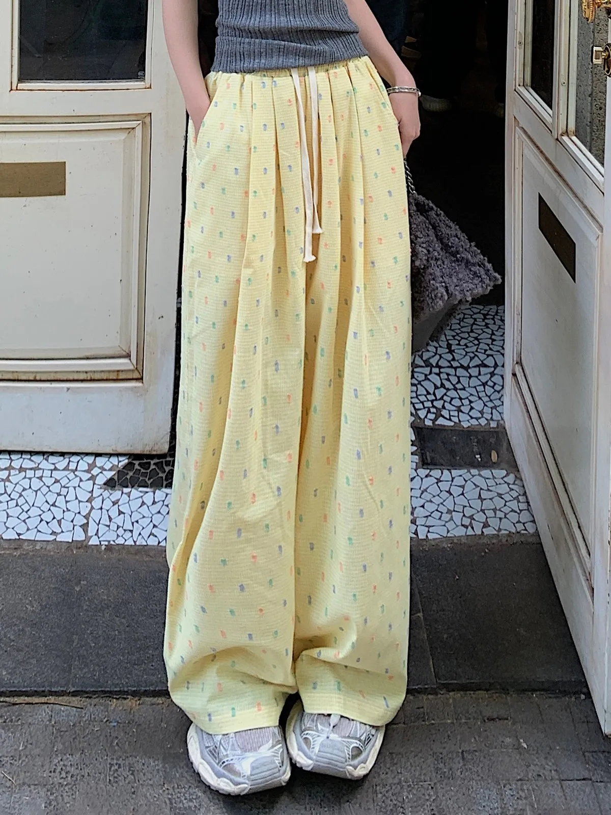 

ZHISILAO Yellow Floral Print Pants Women Vintage Casual Wide Leg Straight Trousers Spring Summer 2024