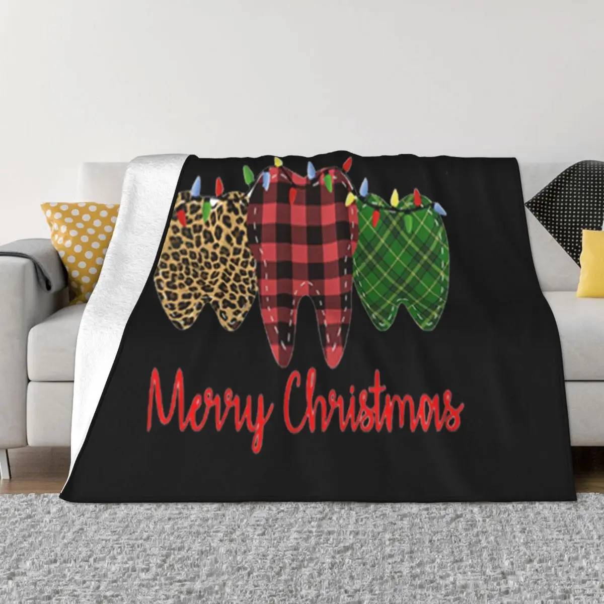 Merry Christmas Leopard Plaid Teeth With Lights Dentist Top Retro Gift New Print Creative Throw Blanket