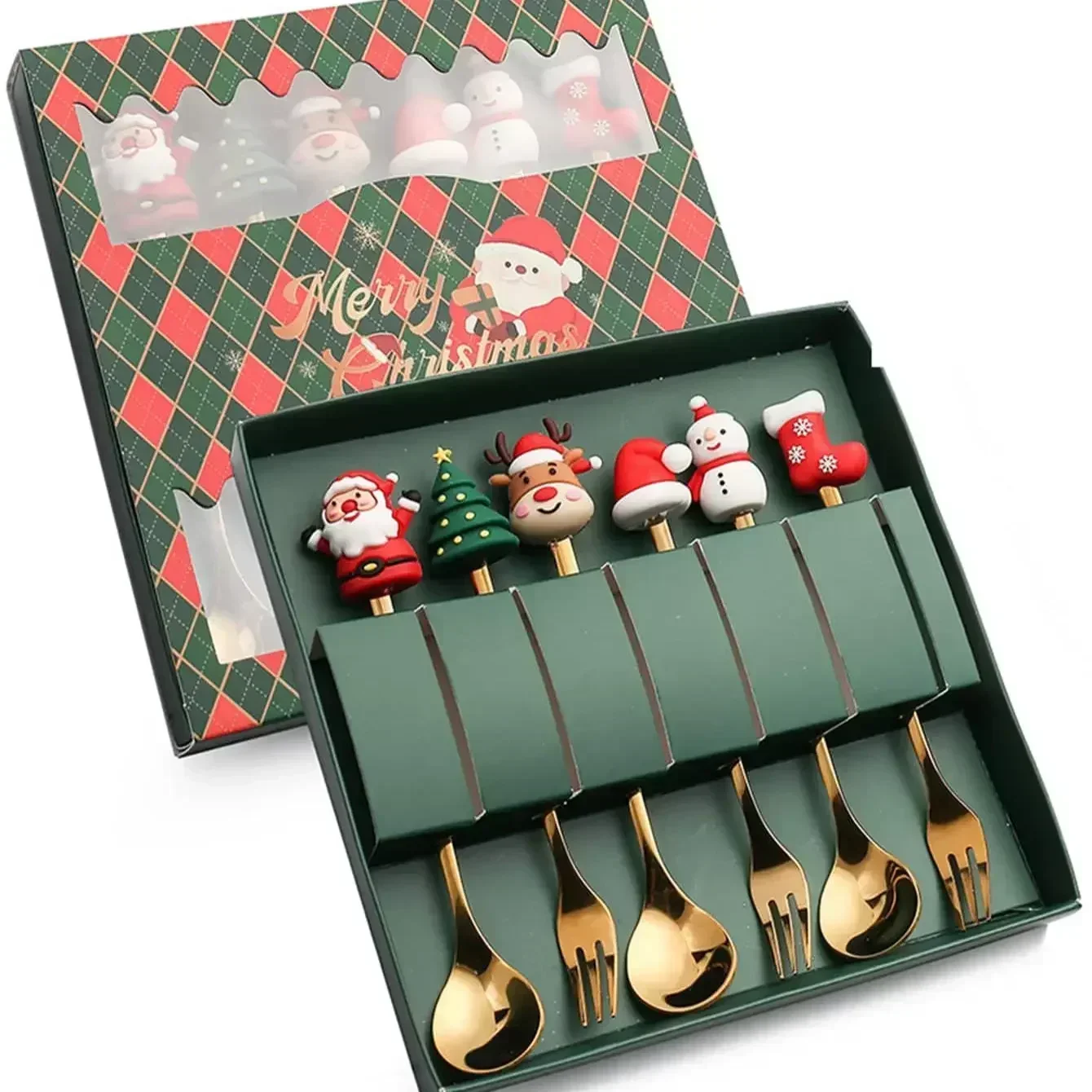 Christmas Coffee Spoons Forks Set Stainless Steel Christmas Gifts for Kids Tea Fruit Dessert Scoop Xmas Decor Tableware Cutlery