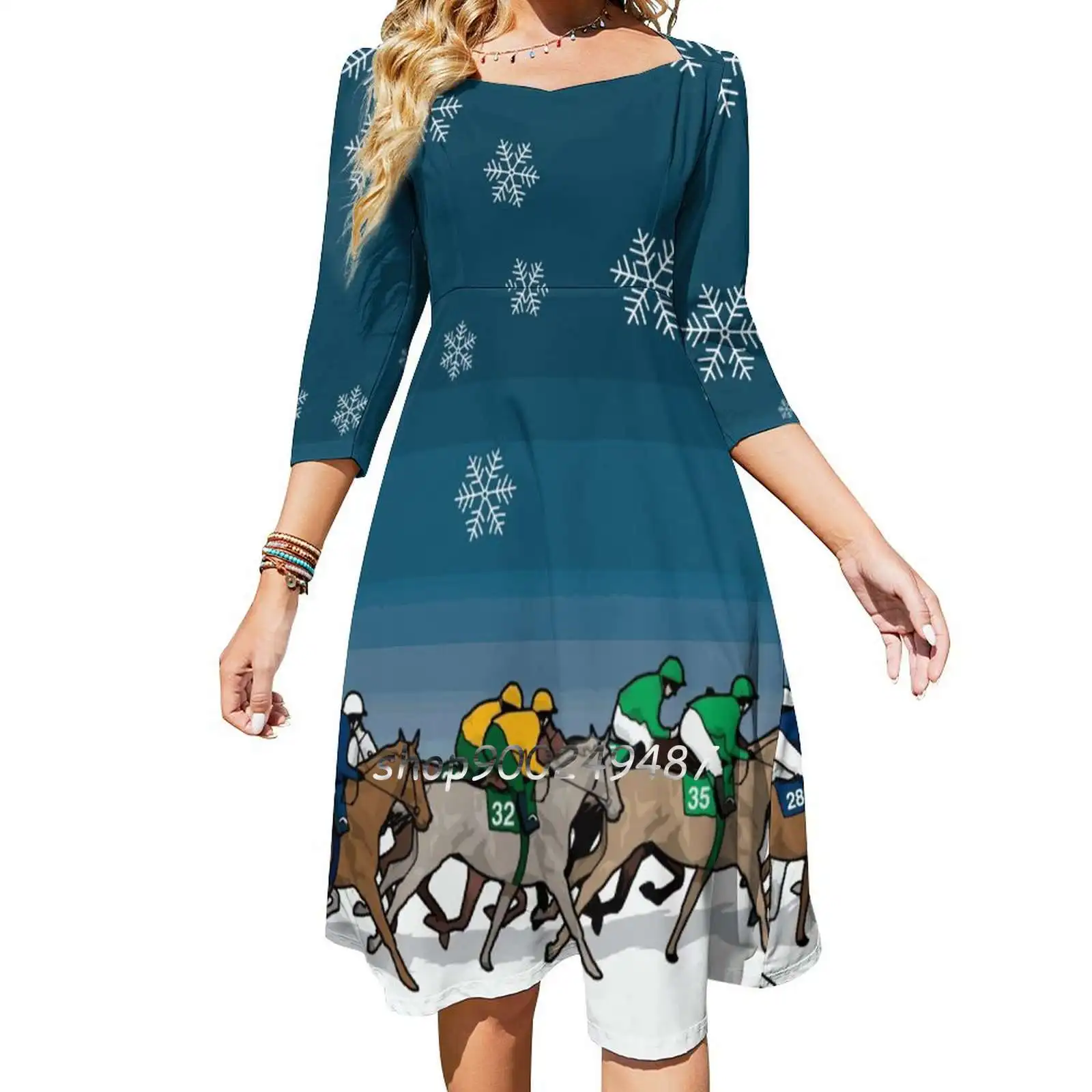 Christmas Horse Race In The Snow Square Neck Dress Cute Loose Print Dresses Elegant Beach Party Dress Christmas Horses Horse