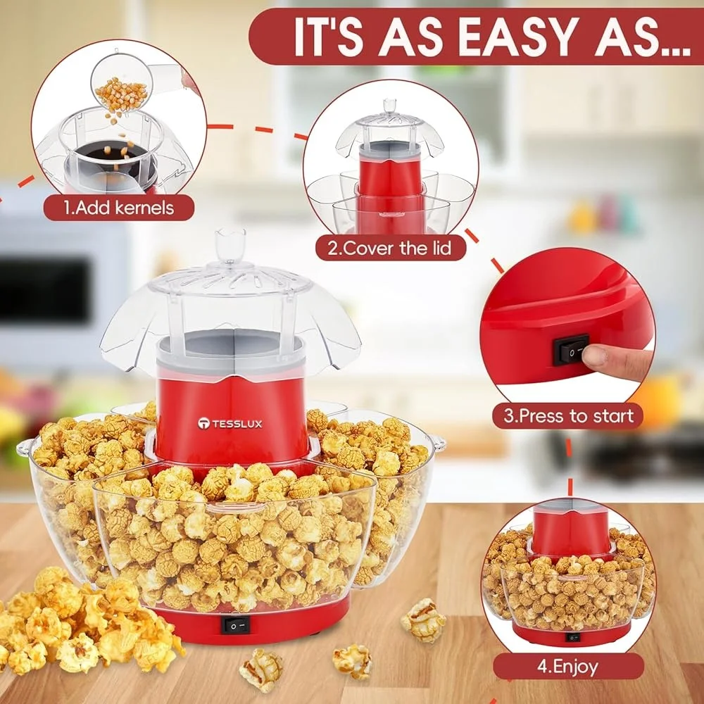 ماكينة صنع الفشار بالهواء الساخن 1200 وات مع 4 أوعية غطاء شفاف لليالي فيلم ظهرت سريعة الفعالة