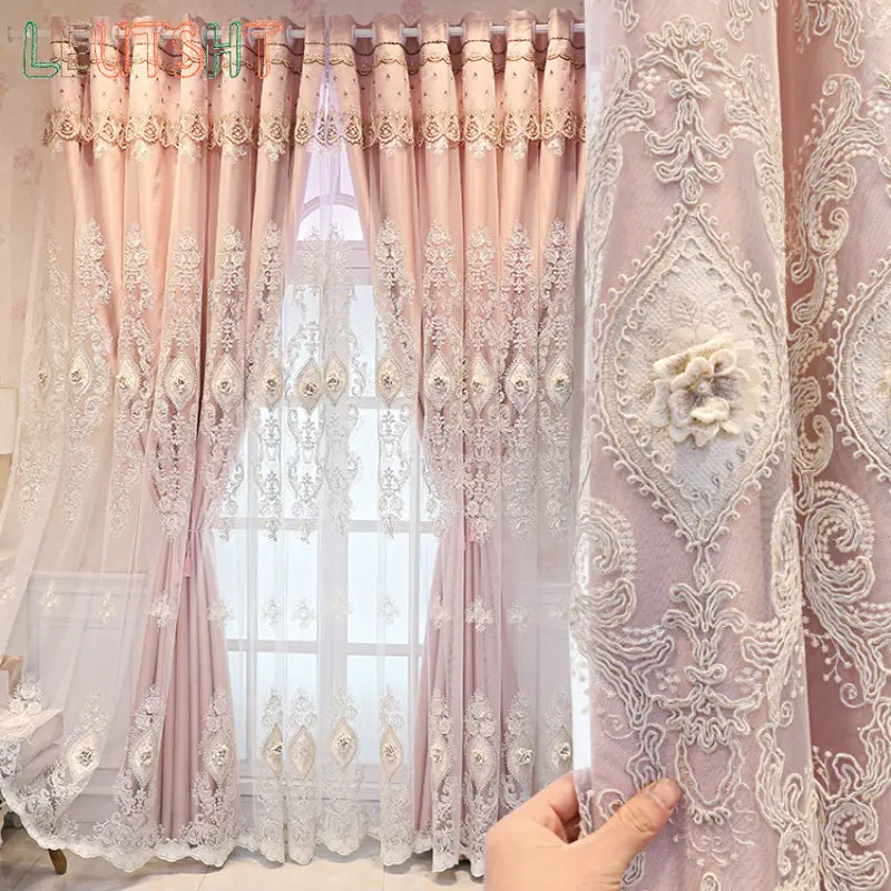 

European Style Curtains for Living Room Bedroom Dining custom Double-Layer Curtain Pink Cloth tulle Relief Embroidery Window