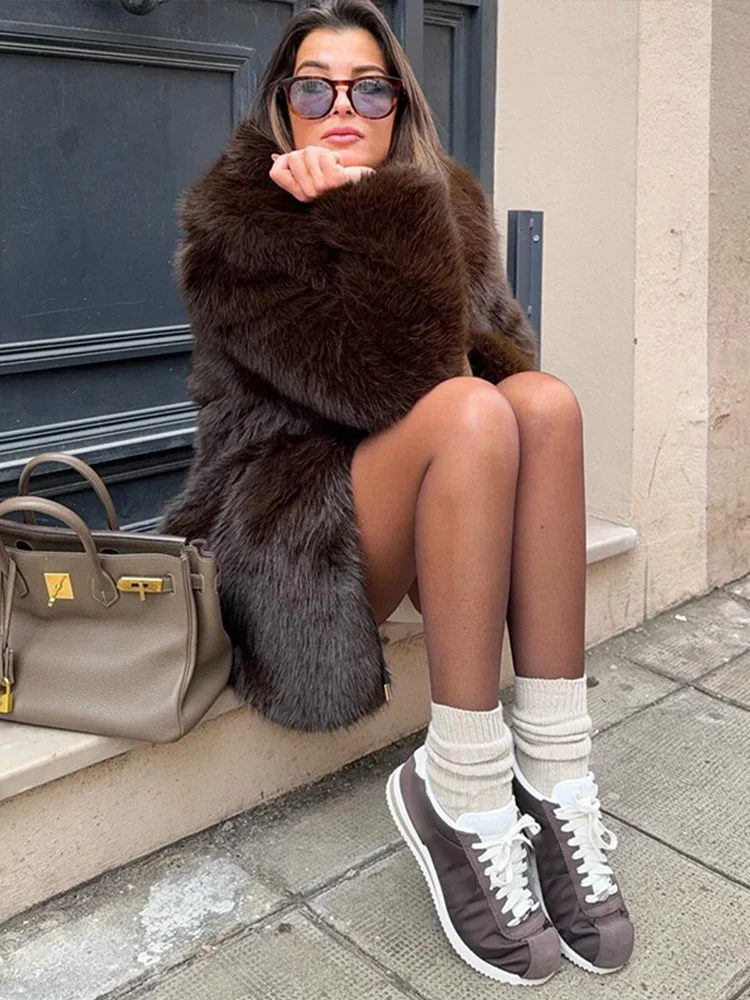 With Belt Fur Coat Fluffy Large Heart Shaped Waist Cinching Deep V Mid Length Overcoat Warm Plush Women Trend Outwear Winter Top