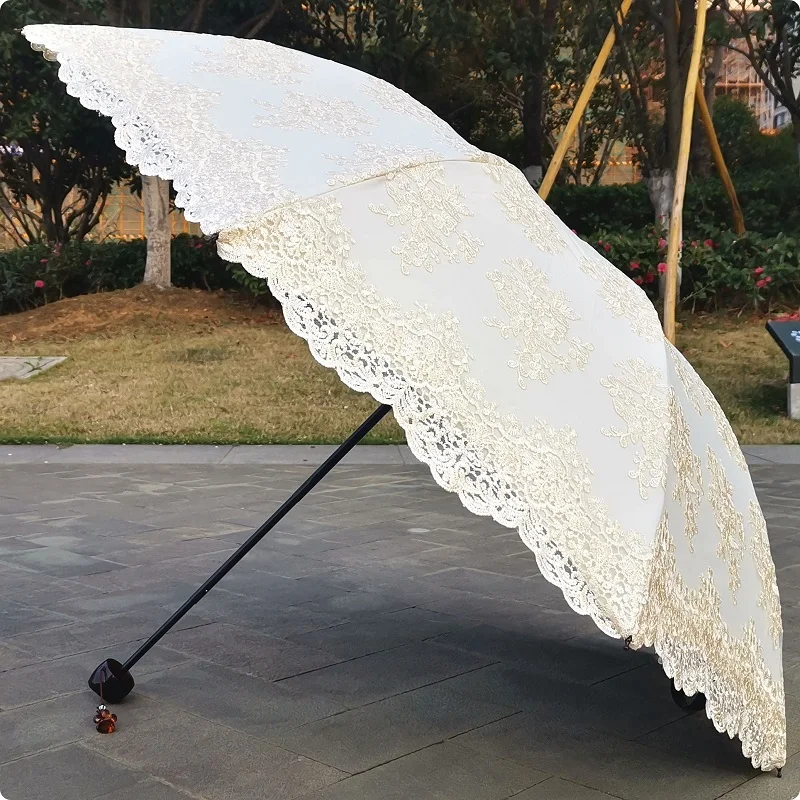 Beige Lace Embroidery Umbrella for Women, Retro, Classic, Black Coating, Dual Folding, UV Protection, Sun Umbrella