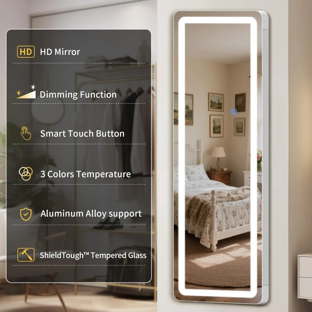 LED Illuminated Full-Length Mirror with Dimming and 3-Color Options, 63x20 Tall for Bedroom Use