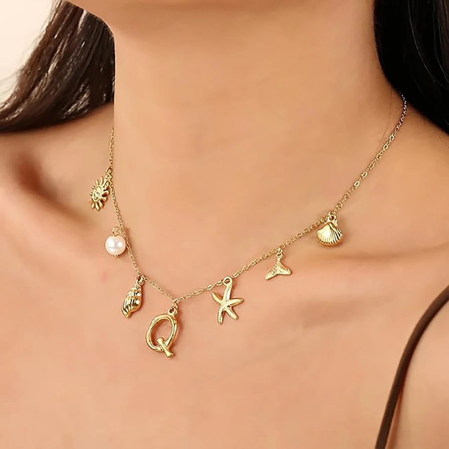 MHS.SUN Stainless Steel Starfish Sea Shell Necklaces Women Waterproof 26 Initial Multi-Pendant Necklace Summer Beach Jewelry