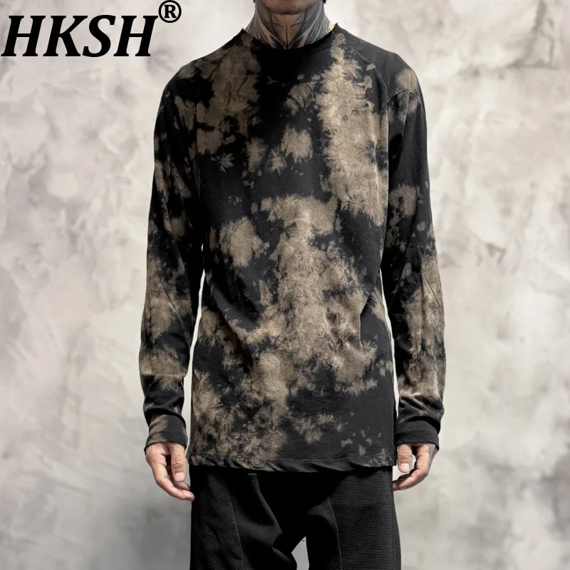 HKSH Spring New Men Tide Niche Design Brand Long-sleeve Dark-toned Youth Tie-dye Brown Spot T-shirt Pullover Cotton Tees HK21328