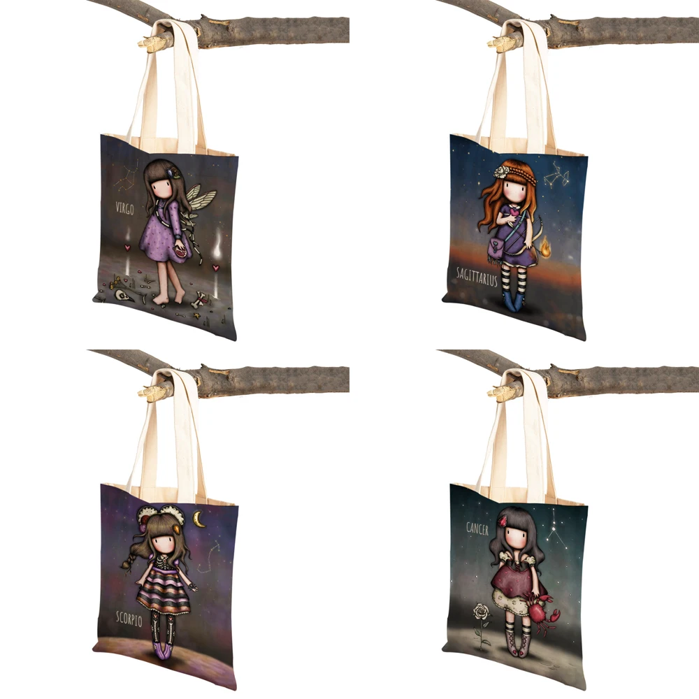 Cartoon Children Women Shopping Bag Both Sided Foldable Reusable Canvas Casual Cute Girl Tote Travel Portable Lady Handbag